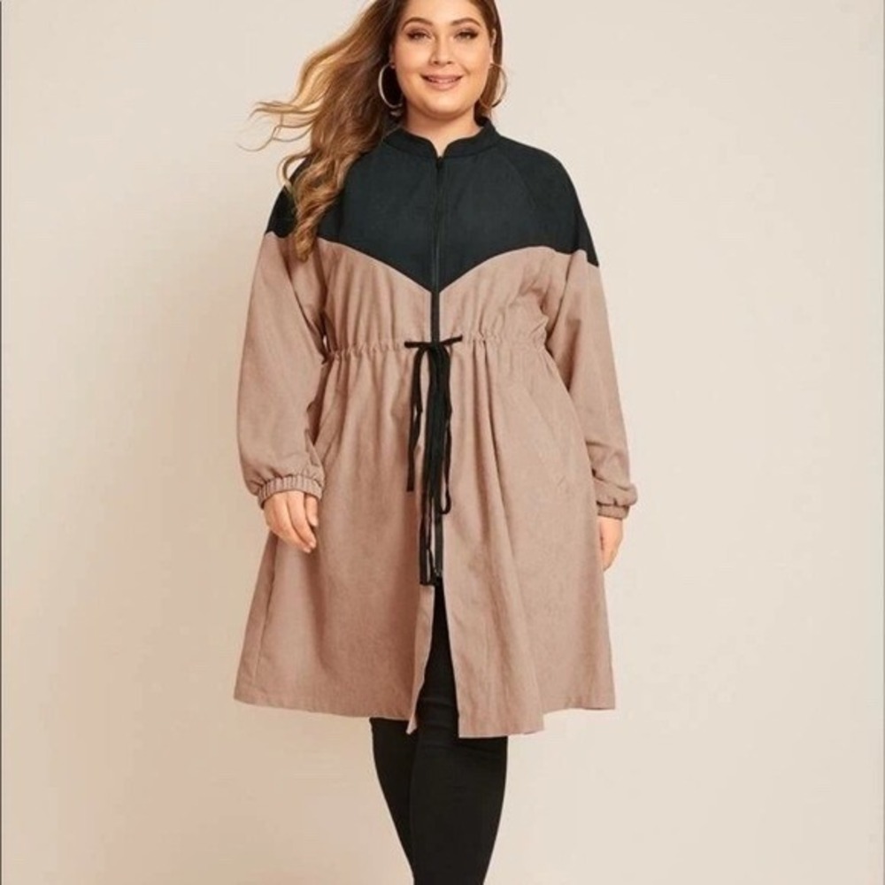 Women 1XL Colorblock Faux‎ Suede Zip Front Drawstring Waist Jacket Black Tan